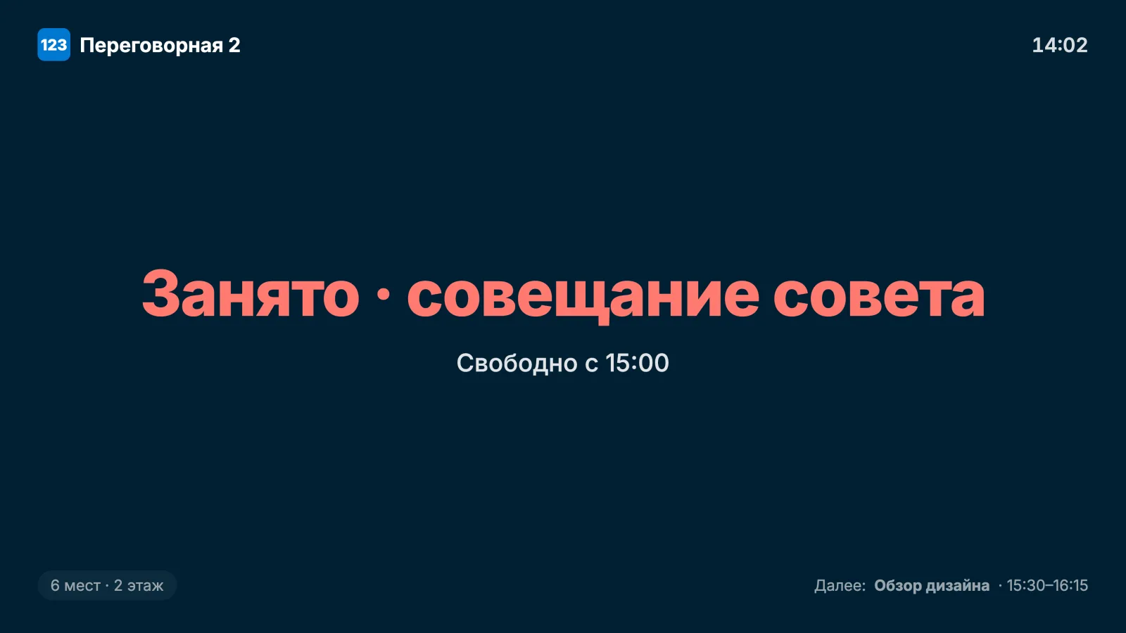 Табло у двери переговорной с текущим статусом и следующей бронью